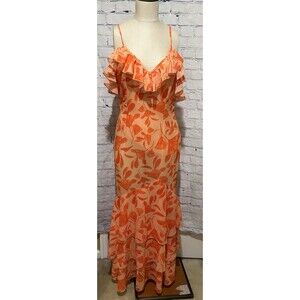 Finesse Orange Floral Ruffle Lined Maxi Spaghetti Strap Dress Size Large